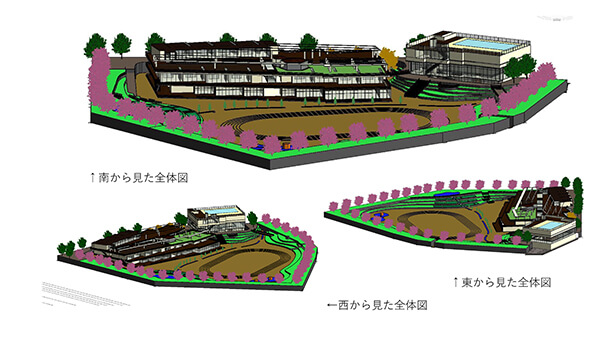 校舎は各教室にガラスの角を持たせる不規則な設計。図書室など内部に六角形を取り入れた。